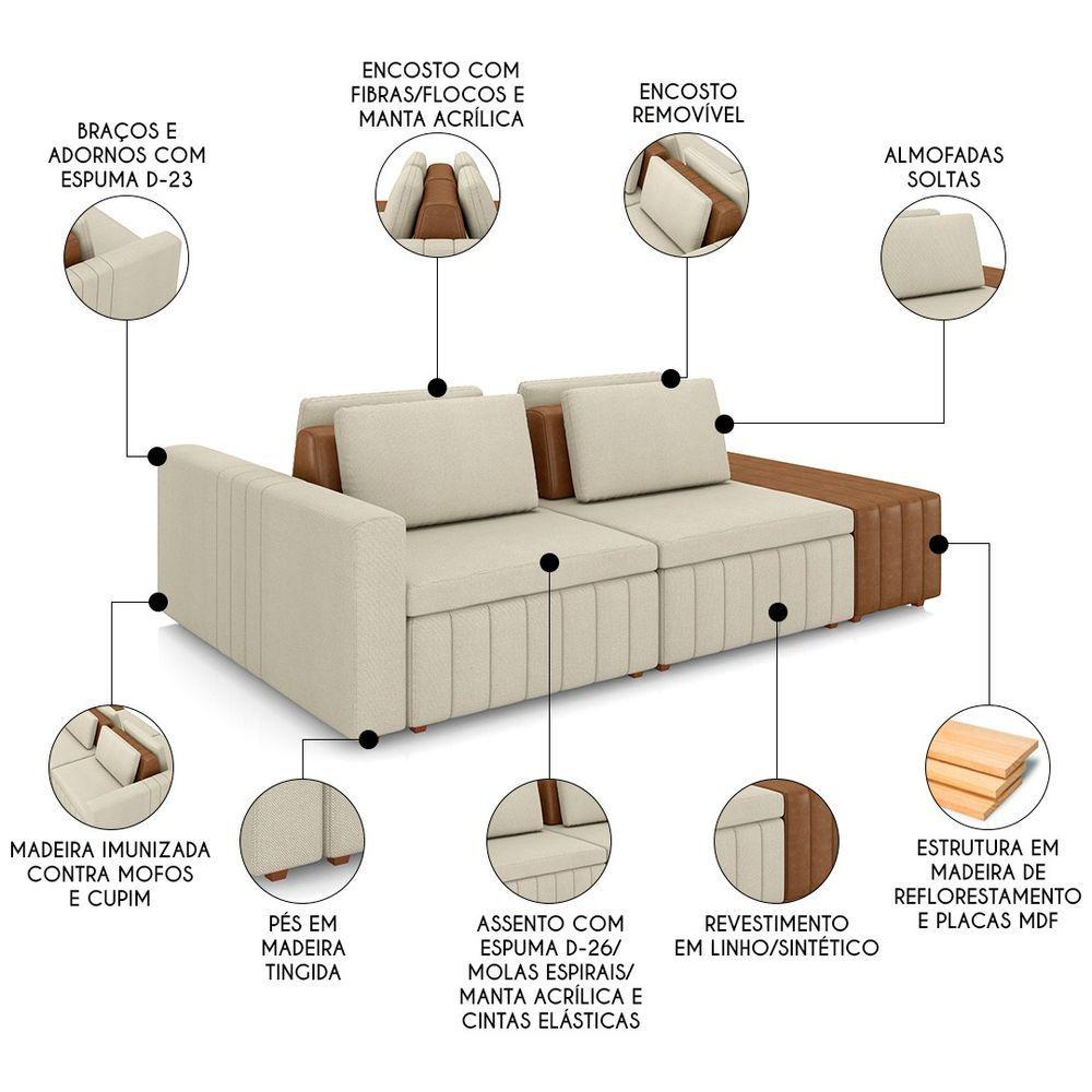 Miniatura Sofá Ilha E Puff Sala Living 245cm Siesta M22 Linho Cru/marrom - Mpozenato