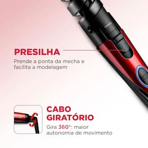 Miniatura Modelador de Cachos Mondial Spiral Infinity EM-05 com Cabo Giratório Vermelho/Preto 200°C