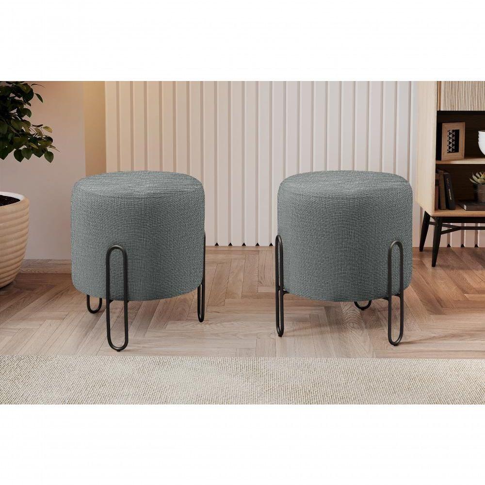 Miniatura Conjunto - 2 Puffs Banqueta Mali Luxo Base Metálica Preta Linho Cinza