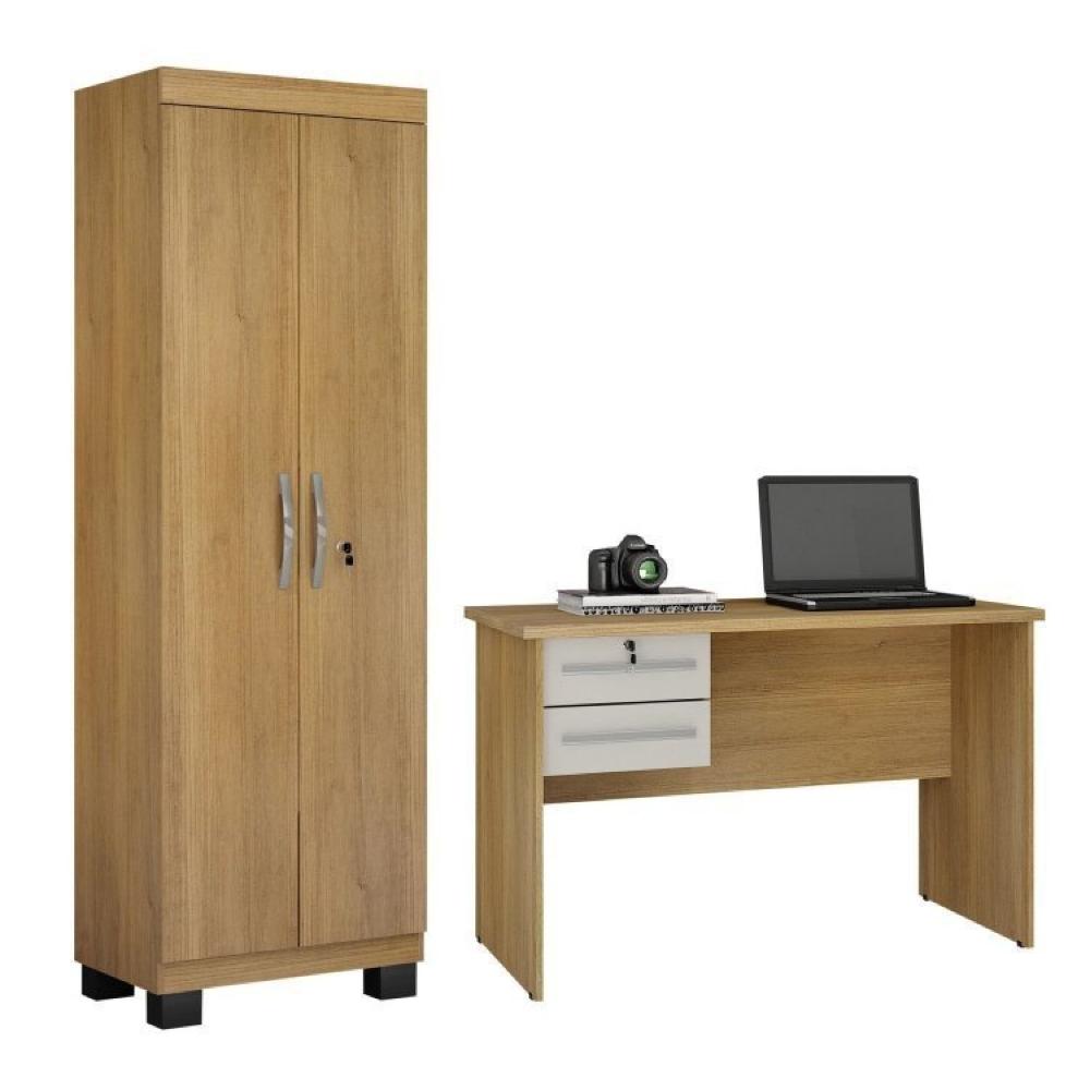 Miniatura Conjunto Mesa para Computador 2 Gavetas Byte e Armário Multiuso 2 Portas com Chave Asteca Cinamomo/Off White