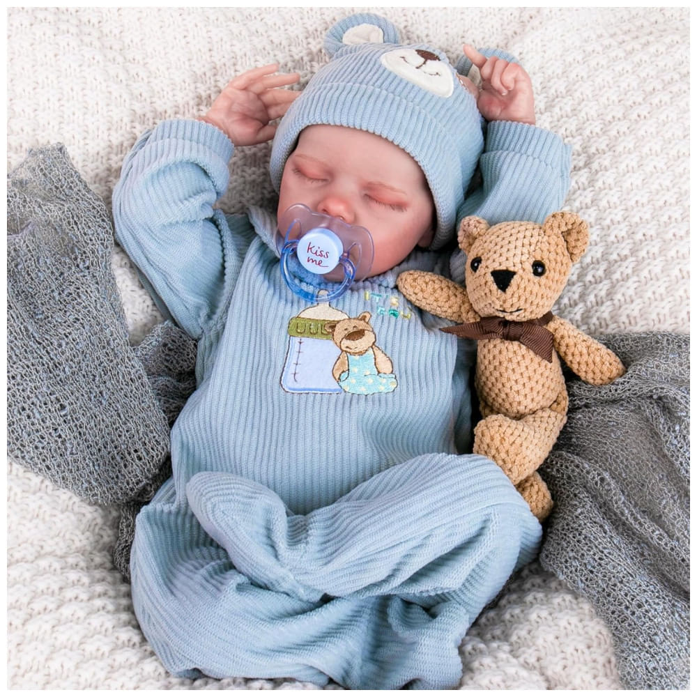 Miniatura Bebê Recém-Nascido Newborn, Boneca Bebê Renascida Aori Menino 45 Centímetros Realista Dormindo, Corpo de Pano Macio Feito à Mão.