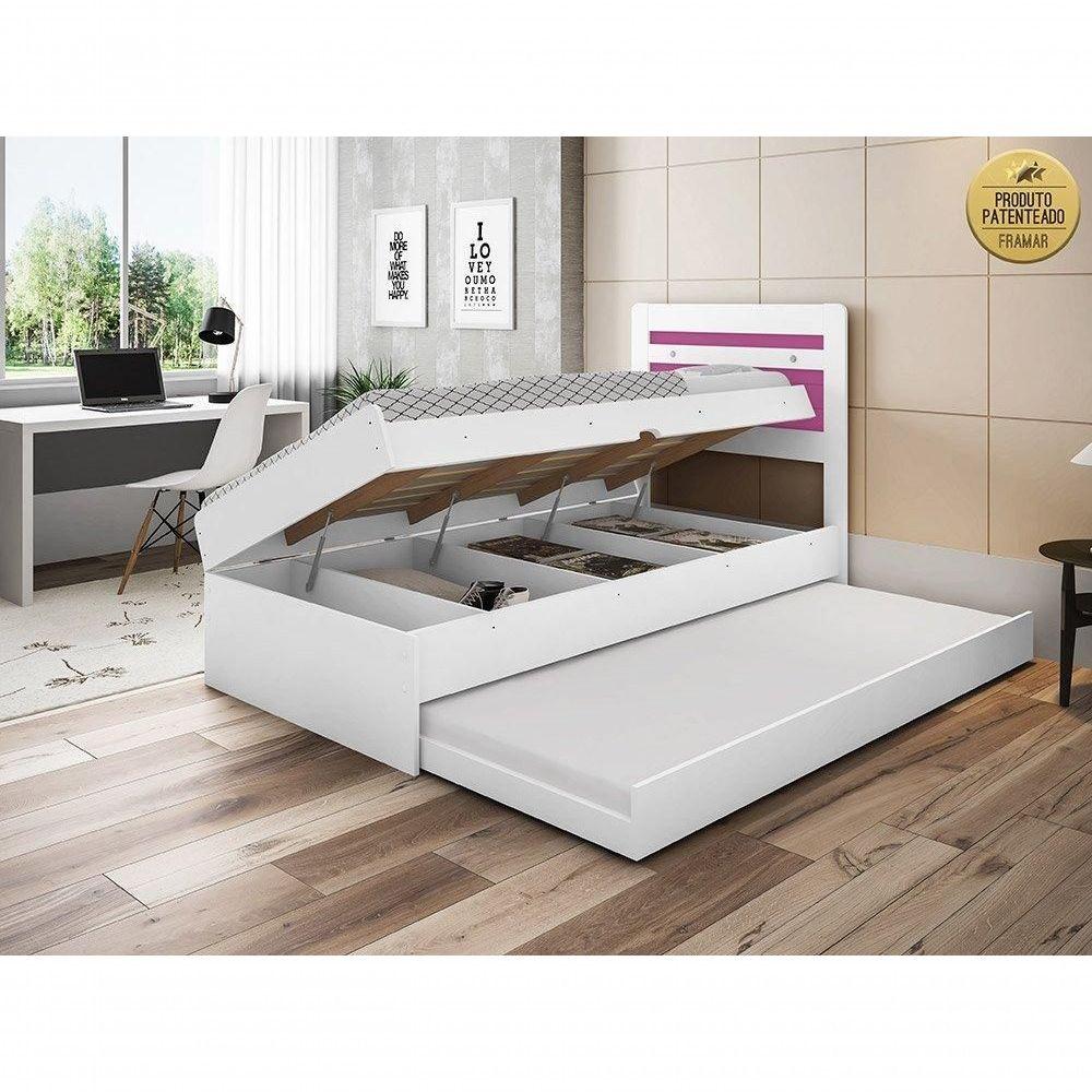 Miniatura Cama Baú 0,88 Larissa Com Auxiliar Em Mdf Framar Branco Rosa