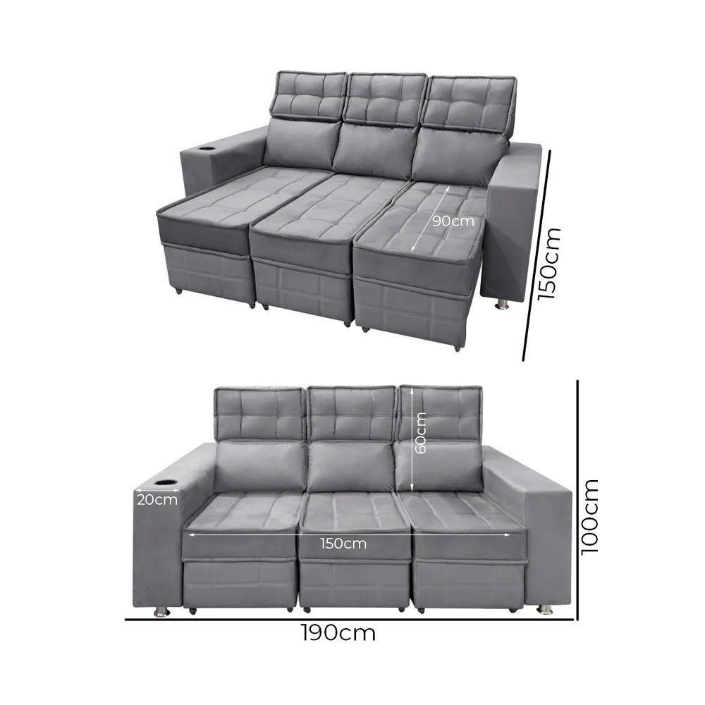 Sofá Retrátil E Reclinável 3 Lugares Londres 1.90cm Com Molas Suede Speciale Home Chumbo