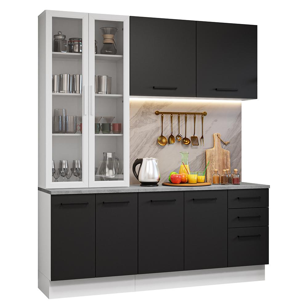 Miniatura Armário de Cozinha Compacta 190cm com Cristaleira Branco/Preto Agata Madesa 01 Branco/Preto