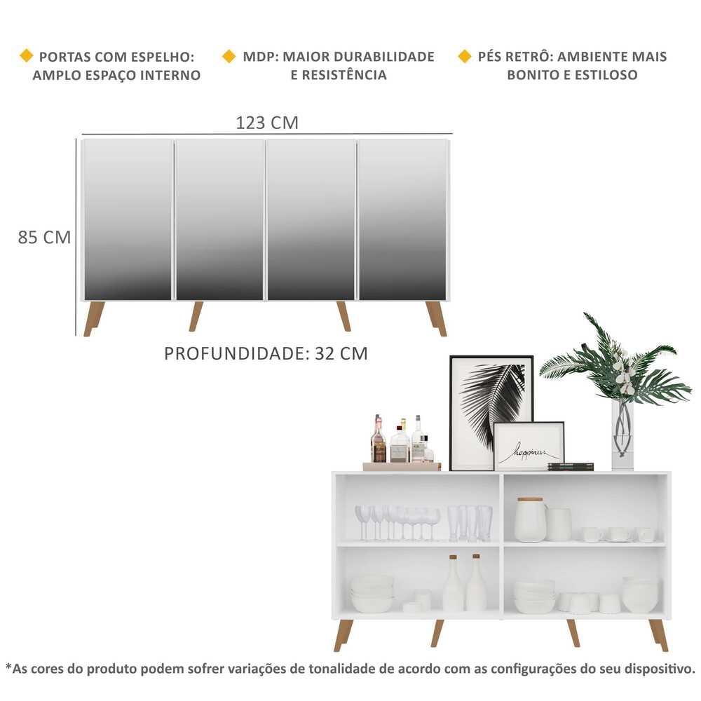 Miniatura Aparador Buffet 4 portas com Espelho e Pés Retrô Vegas Multimóveis Branco/Natural Aparador Buffet 4 portas c/ Espelho e Pés Retrô Vegas Multimóveis Branco/Natural