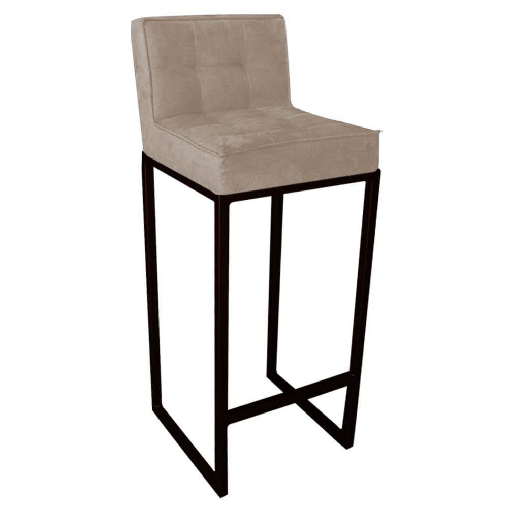 Miniatura Banqueta Alta Linne Com Encosto Cozinha Bar Balcão Bistrô Ferro Preto Corino Bege
