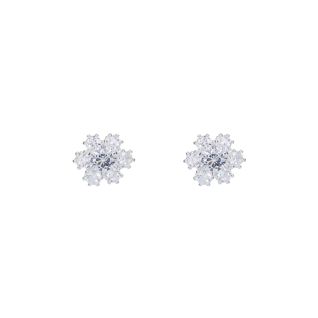 Miniatura Brinco Flor Prata em Ródio Branco com Zircônia Cristal