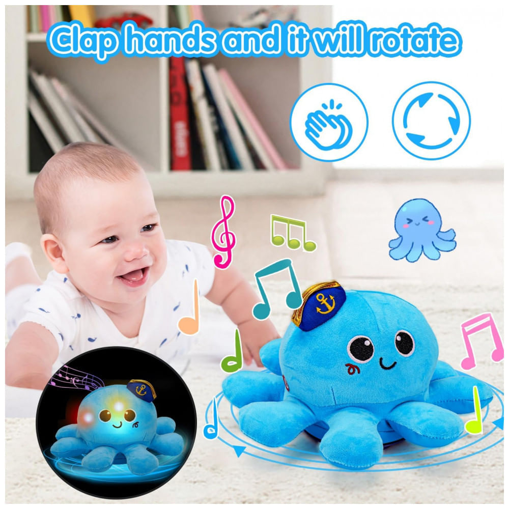 Miniatura Polvo musical de pelúcia azul Tsomtto T899 com luz, fala gravada e movimento para engatinhar e caminhar