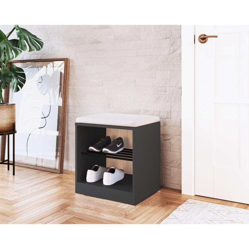 Miniatura Sapateira Banco com Futon e Rodízio Flow Be Mobiliário Grafite/Nature