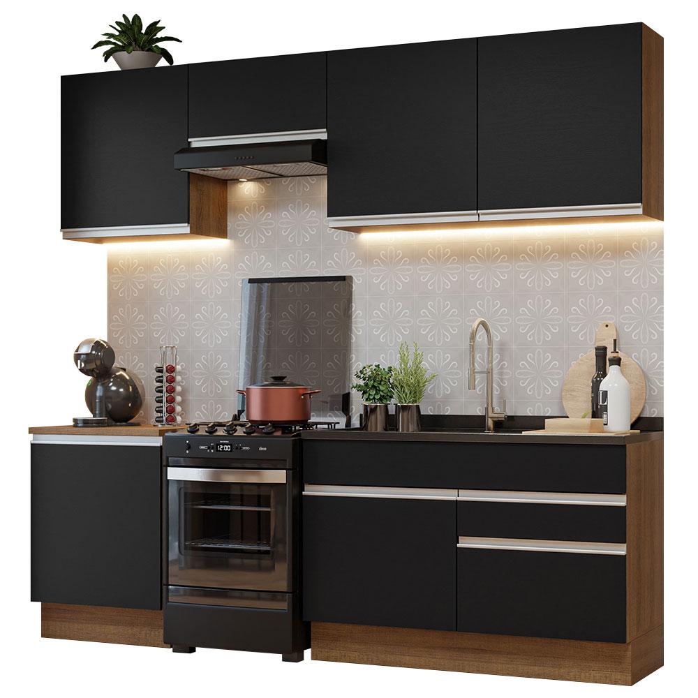 Armário de Cozinha Completa 240cm Rustic/Preto Glamy Madesa 08 Rustic/Preto