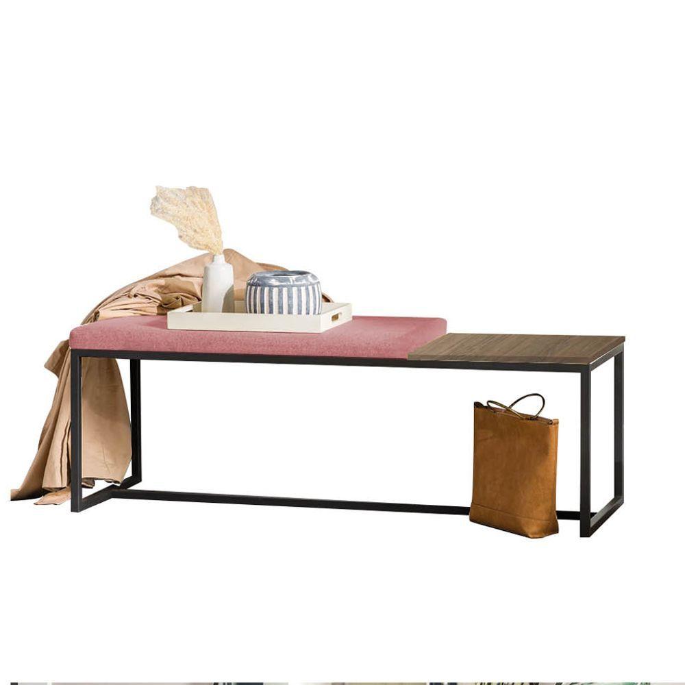 Miniatura Banco Recamier Puff London 140cm Industrial Preto Suede Rose Tampo Quadrado Mdf Imbuia
