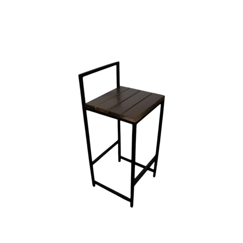 Miniatura Banqueta Encosto E Apoio Pés Aço Ferro Madeira Robusta Cor Preto Estilo Industrial Bq-01