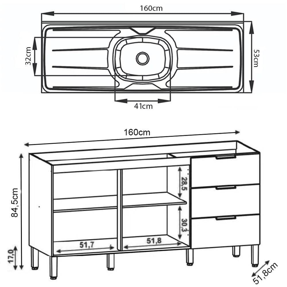 Miniatura Balcão Gabinete Com Pia Inox 160cm Charm K02 Freijó - Mpozenato