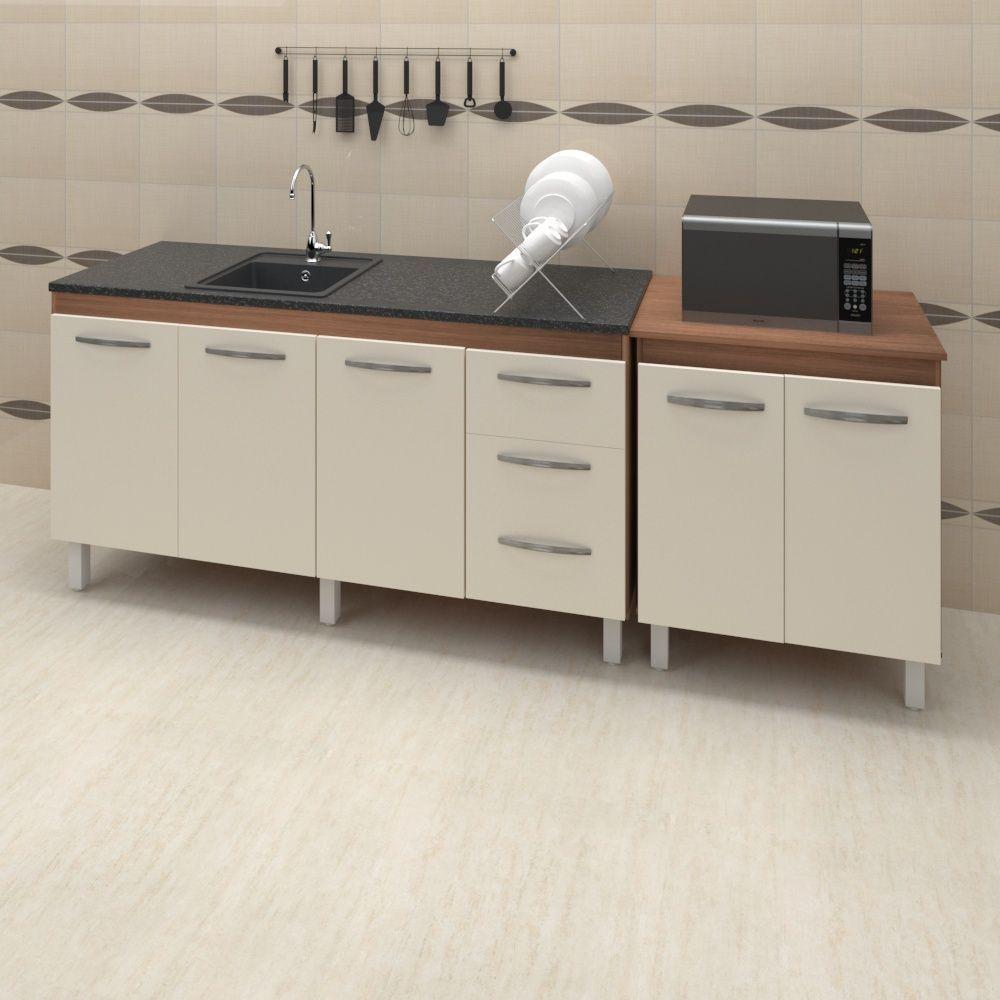 Miniatura Armário Cozinha Gabinete Pia De 140 Cm Carina Com Balcão Multiuso Micro-ondas Savana Frente Off-white Serena