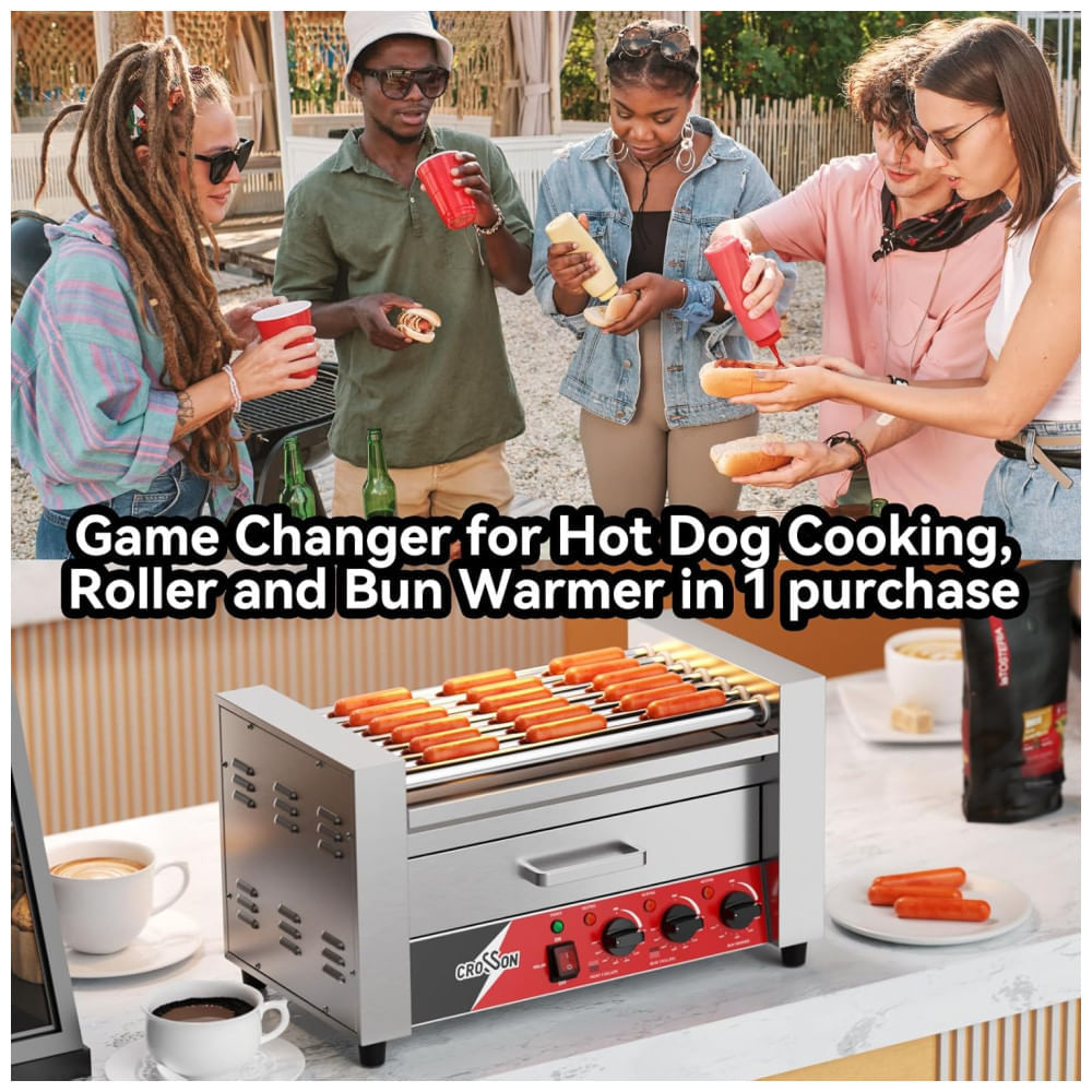 Máquina de Salsicha Hot Dog Grill CROSSON, 7 rolos antiaderentes, aquecedor de pães, comercial, inox 304, 110V, 1350W, ideal para cozinhar 110v