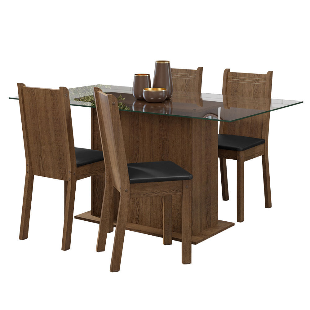 Miniatura Conjunto Sala de Jantar Mesa Tampo de Vidro 4 Cadeiras Rustic/Preto Espanha Madesa Cor:Rustic/Preto