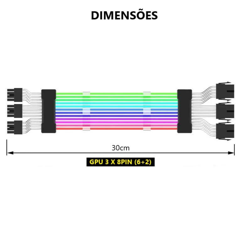 Miniatura Extensor GPU Cabo Sleeved ARGB 3x8pin Fonte ATX 5v 3pin 25cm
