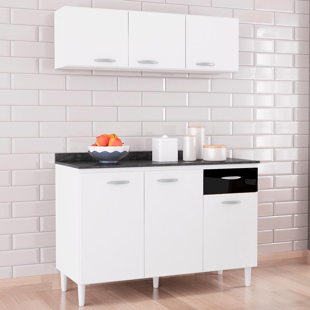 Miniatura Armario Aereo 3 Portas E Balcao 120 Cm Branco Preto Poqq Branco Preto