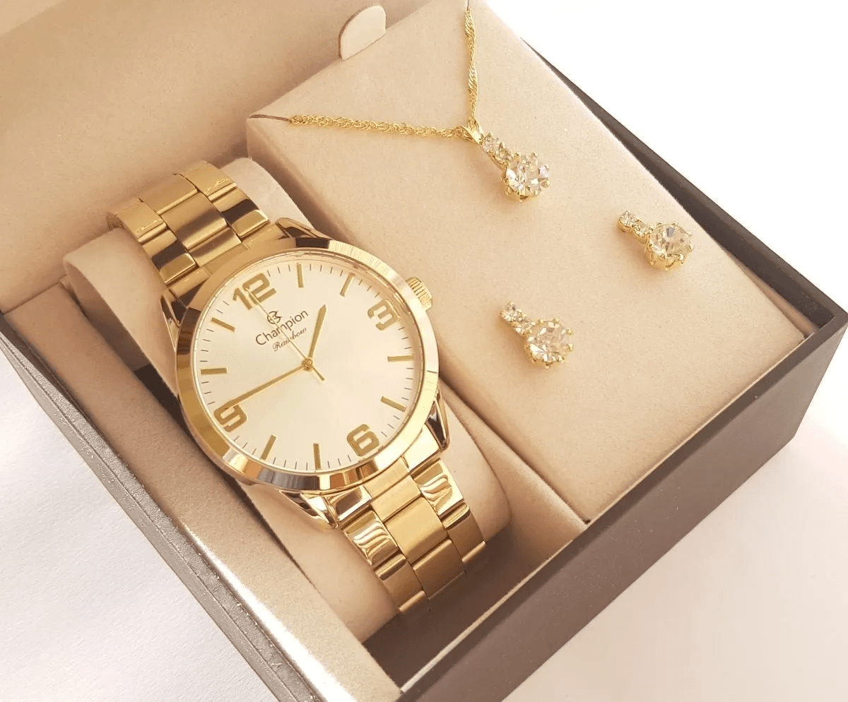 Relógio Champion Feminino Dourado Prova D´Agua + Kit de Brincos e Colar Garantia De Um Ano