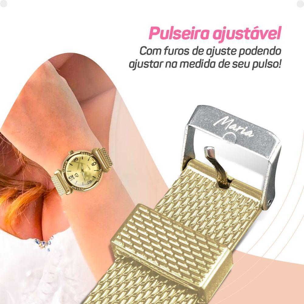 Miniatura Relogio Feminino Dourado Aço + Colar Mãe Coração + Caixa Social Moda Casual Presente Silicone Strass