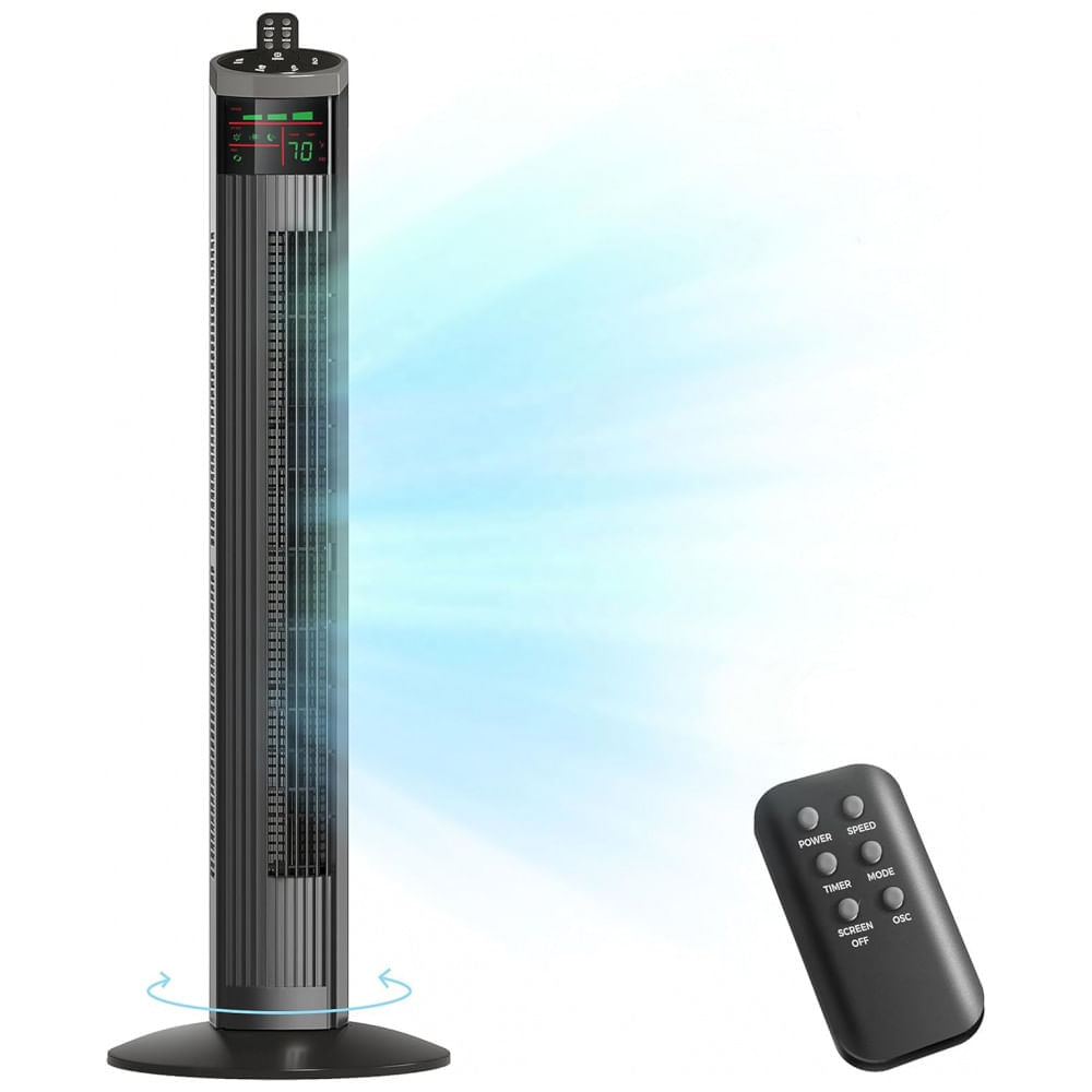 Miniatura Ventilador de Torre com 3 Velocidades, Controle remoto e Silencioso, 110V Simples Deluxe, Preto
