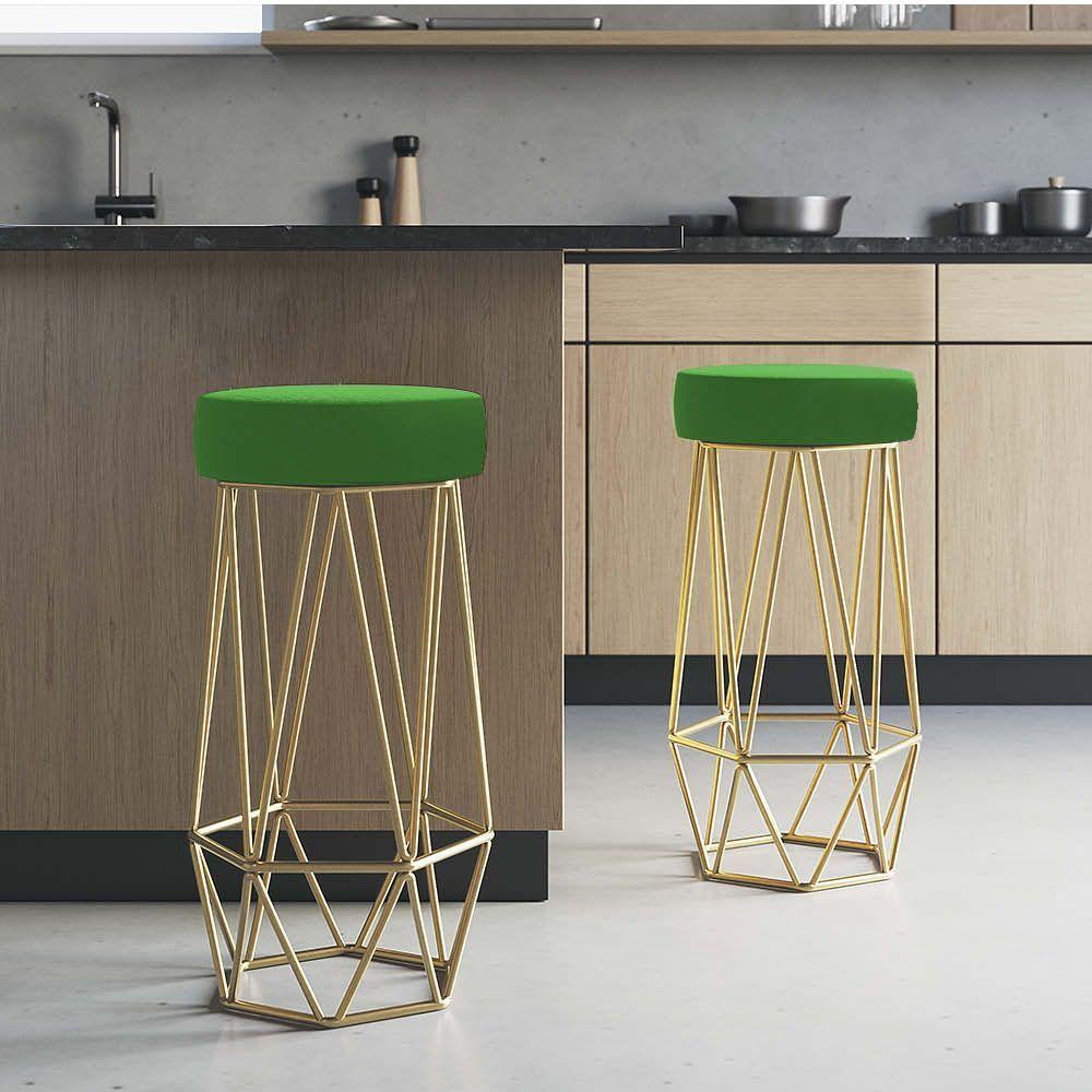 Miniatura Banqueta Com Encosto Mhara Cozinha Bar Ferro Dourado Sintético Verde - Ahazzo Móveis
