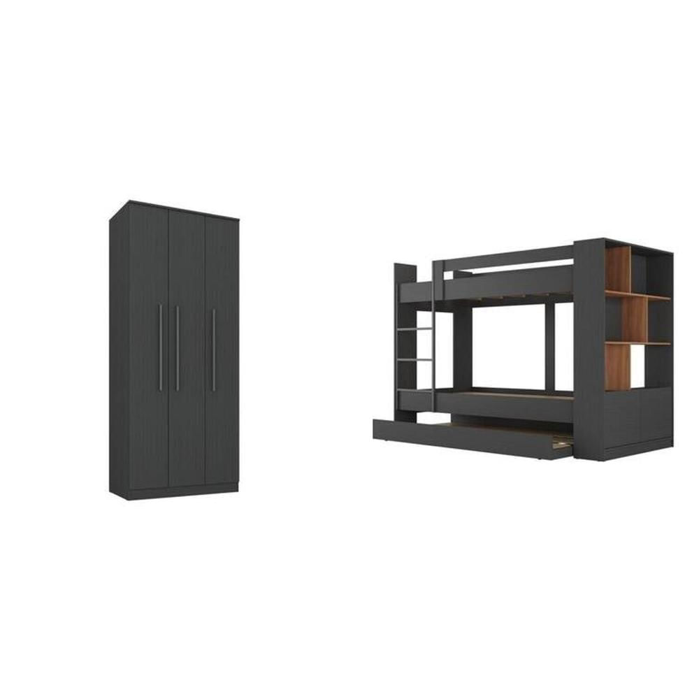 Miniatura Quarto Juvenil Completo com Beliche e Guarda Roupa Nápoles Espresso Móveis Grafite/Nogal