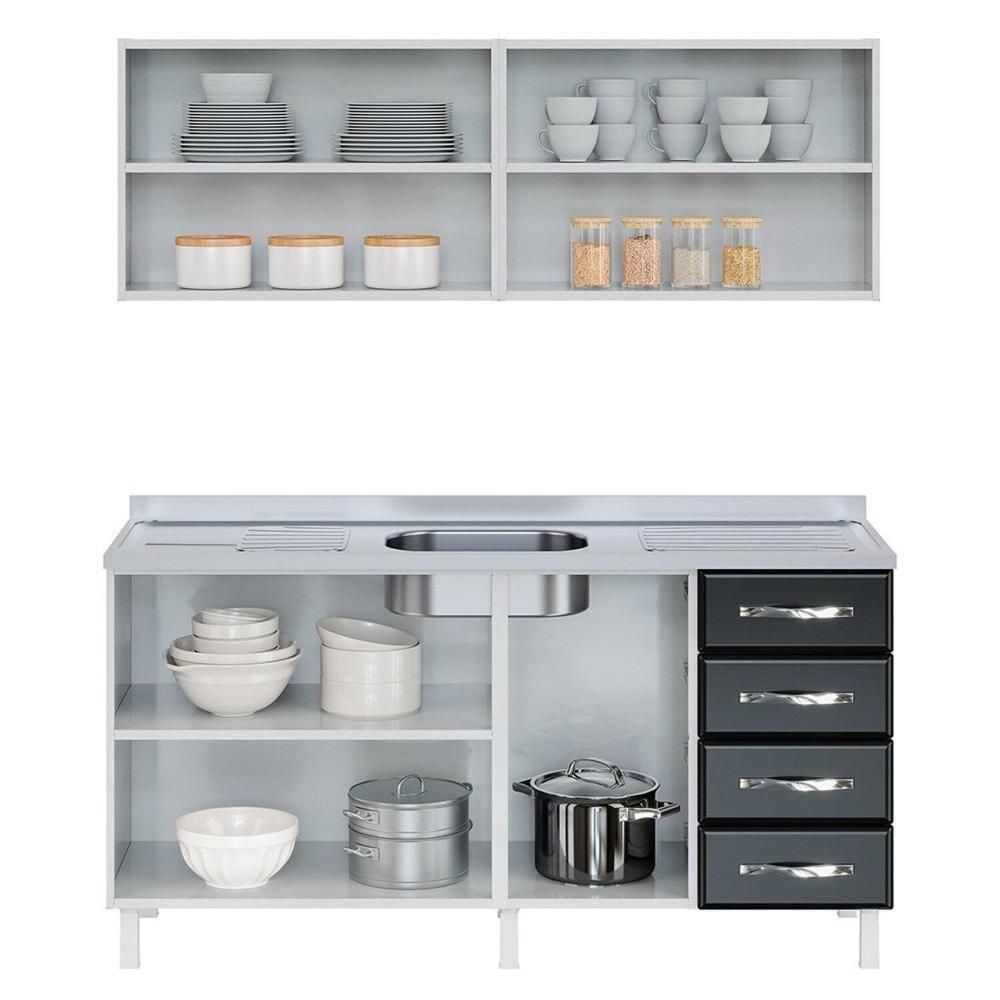Armário de Cozinha de Aço 2 Peças com Vidro e Balcão para Pia Star New Branco/Preto
