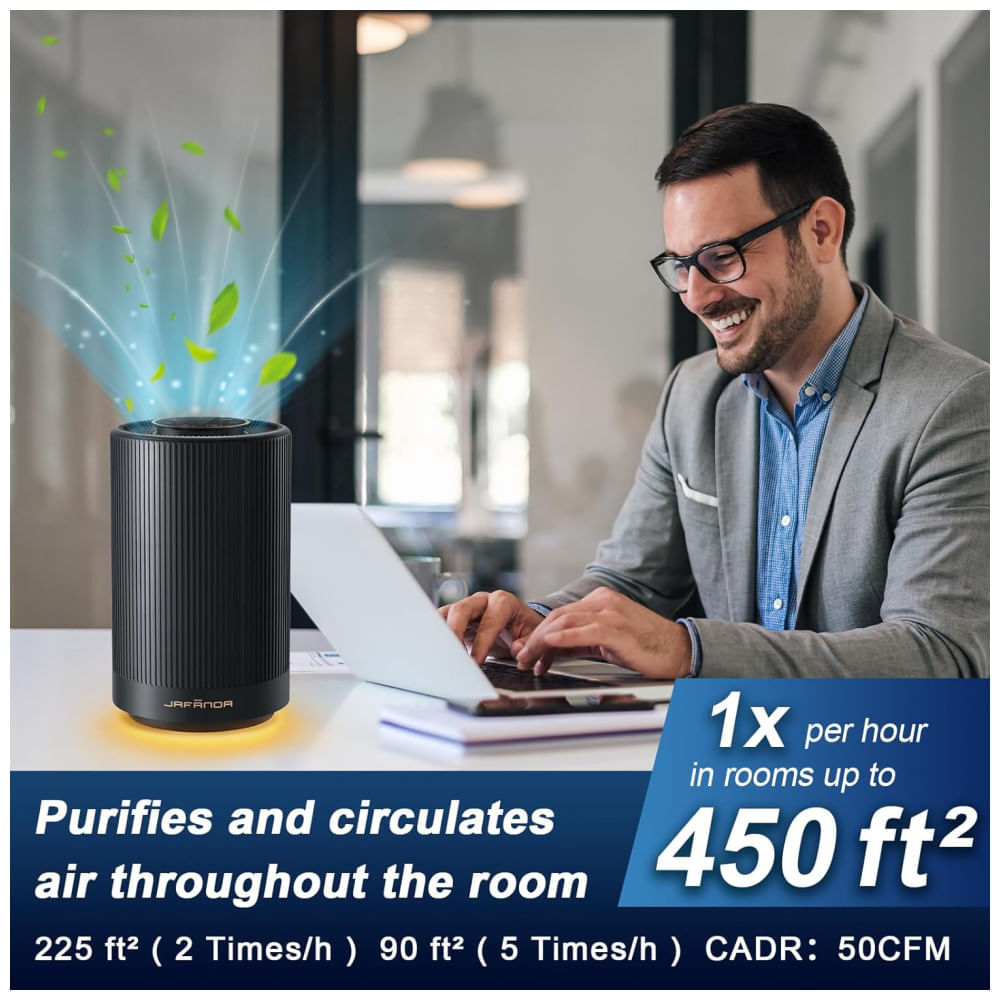 Miniatura Purificador de Ar Portátil, para Ambientes até 40m² com Filtro H13 HEPA, Luz Noturna e 3 Velocidades, 110V 10W, Jafnda JF100, Preto 110v