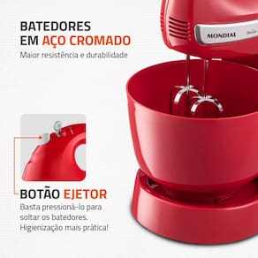 Miniatura Batedeira Mondial Premium Bella Massa Inox B-29 NP com 4 Velocidades e 500W – Vermelha 110V