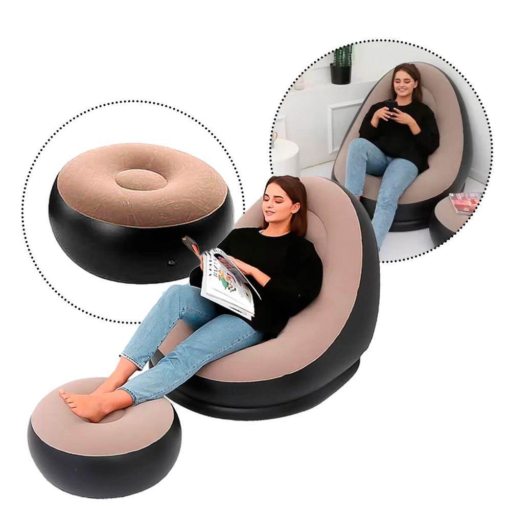 Miniatura Sofá Poltrona Inflável Com Puff E Bomba De Enchimento Marrom