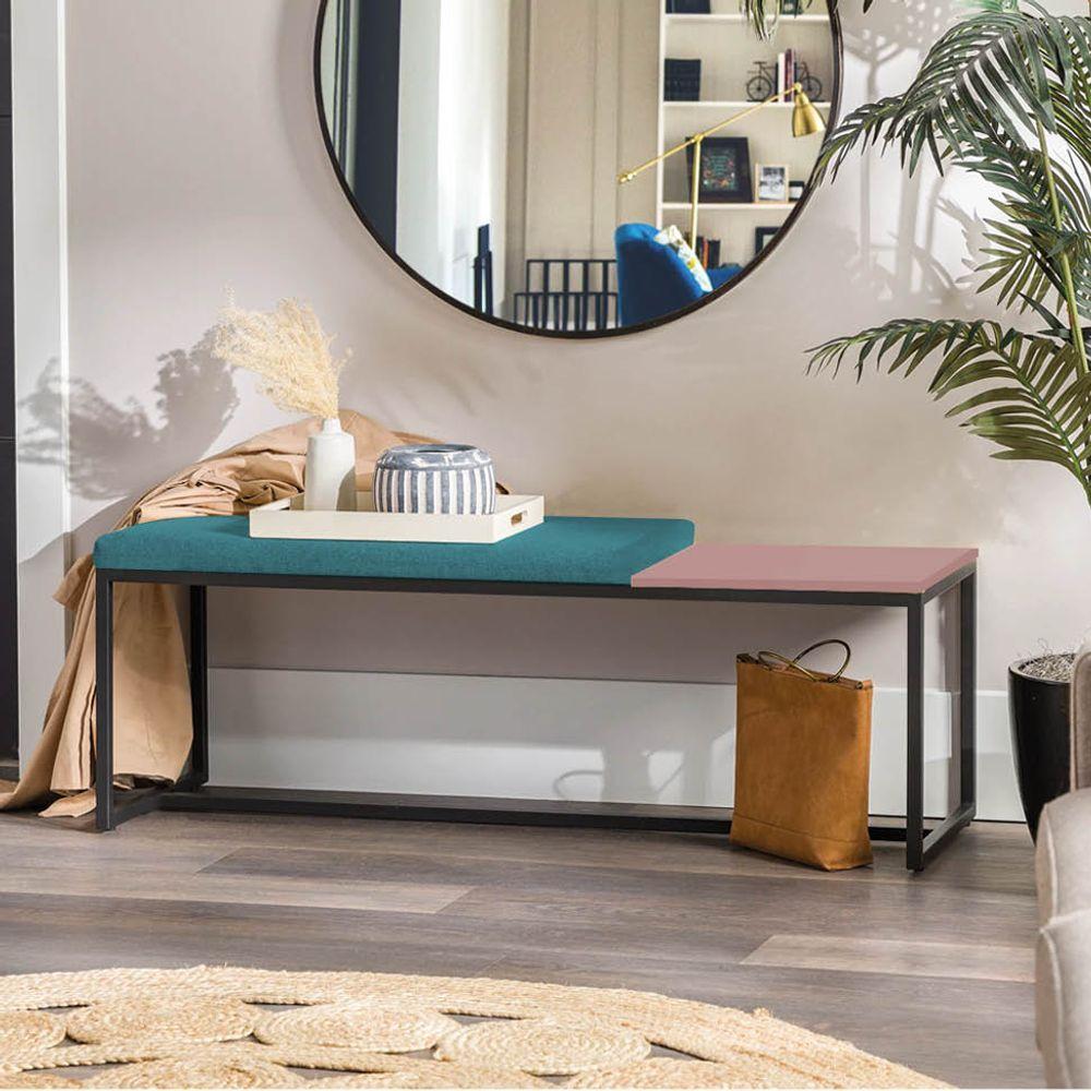 Miniatura Banco Recamier Puff 160cm Industrial Preto Suede Azul Turquesa Tampo Quadrado Mdf Rose