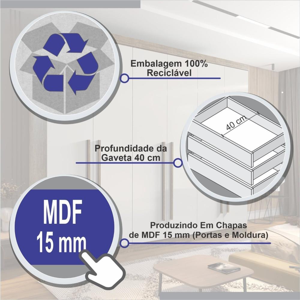 Guarda Roupa Espelhado Casal 3 Portas 6 Gavetas 100% MDF Qatar Branco