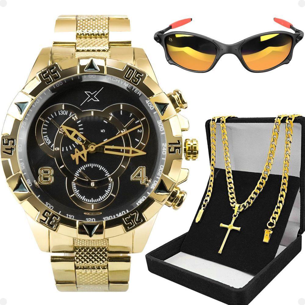 Miniatura Relogio Masculino Dourado Oculos Proteção Uv Casual Social