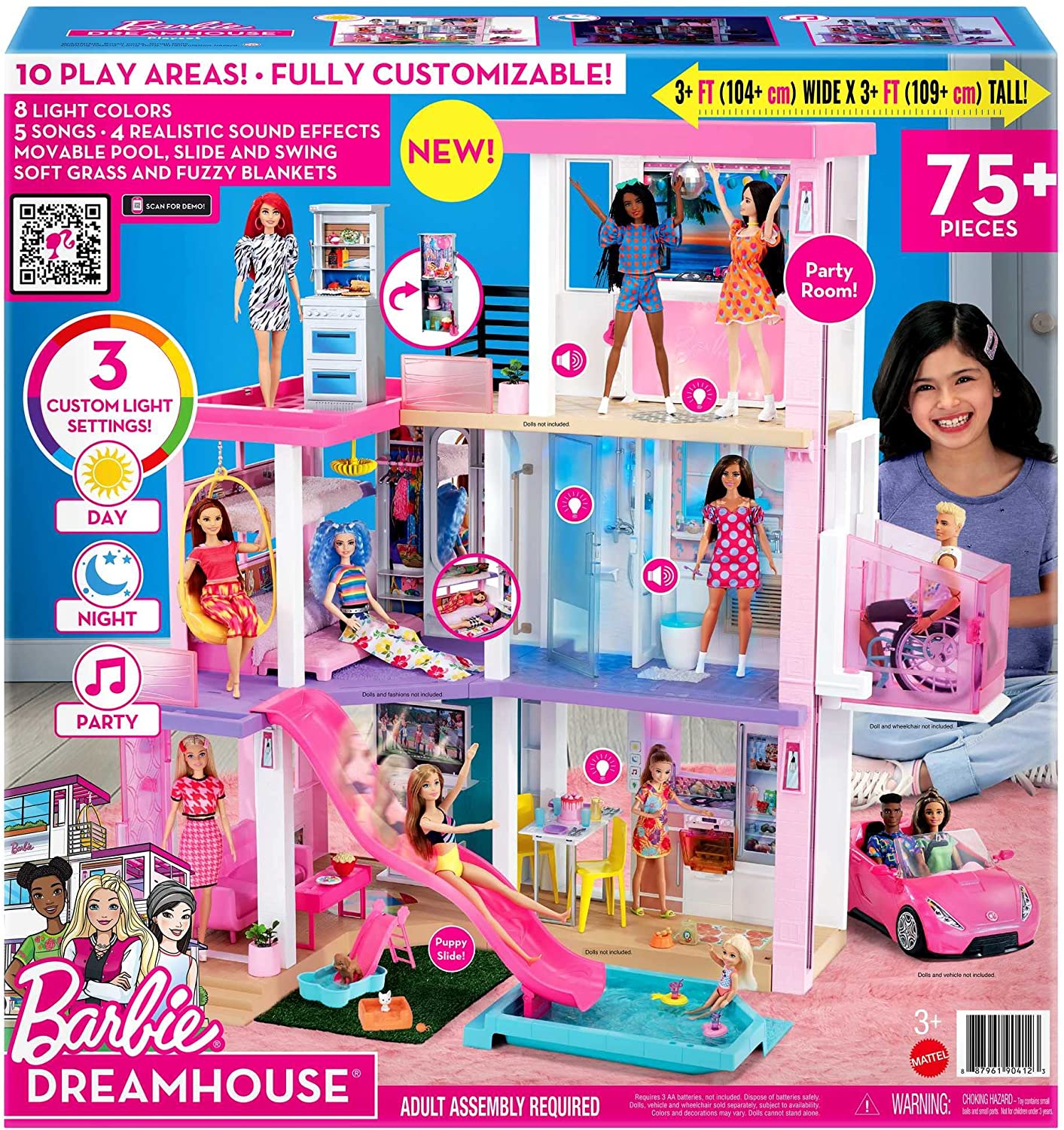 Miniatura Barbie Casa de Bonecas com 75 Acessórios 3 Andares Piscina e Escorregador para Crianças a partir de 3 anos