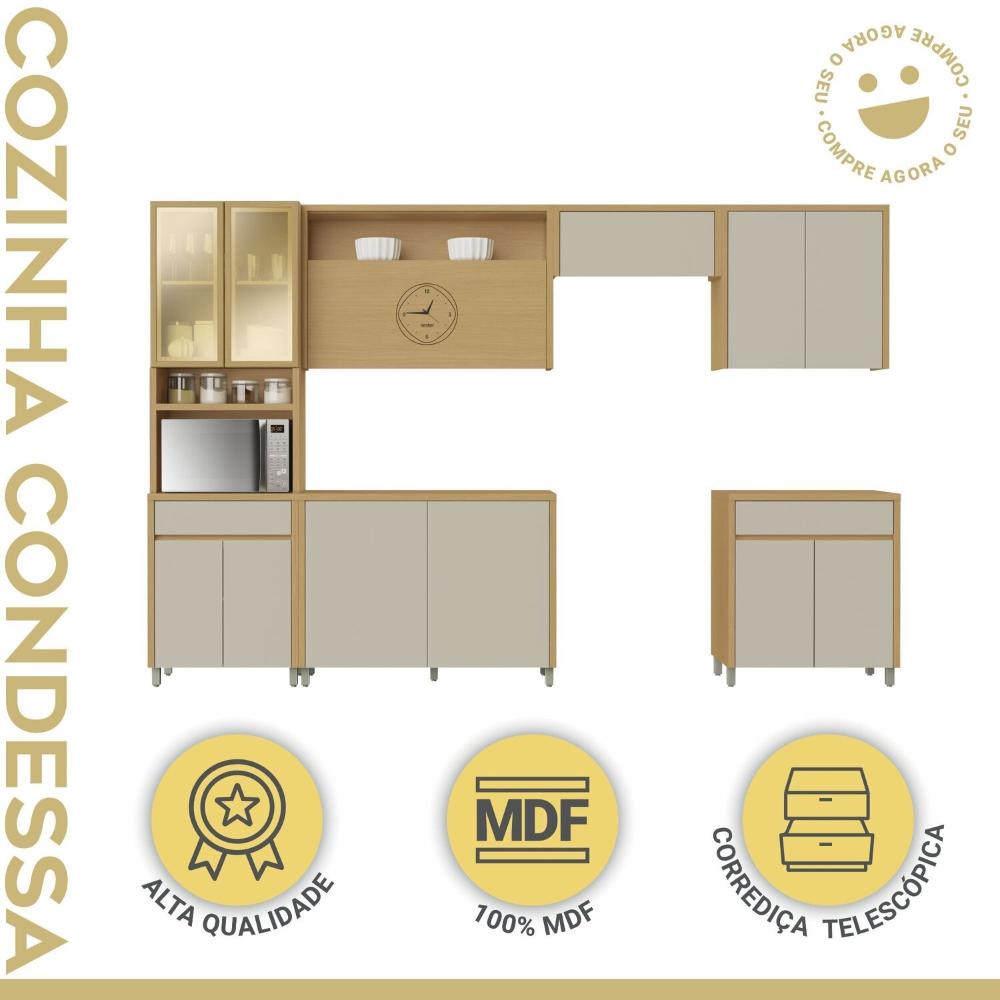 Cozinha Completa 6 Peças 12 Portas 2 Gavetas Condessa 350cm 100% MDF Carvalho/Greige