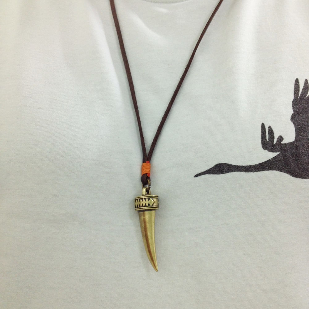 Miniatura Colar Masculino Tribal Couro Trançado Dente Presa