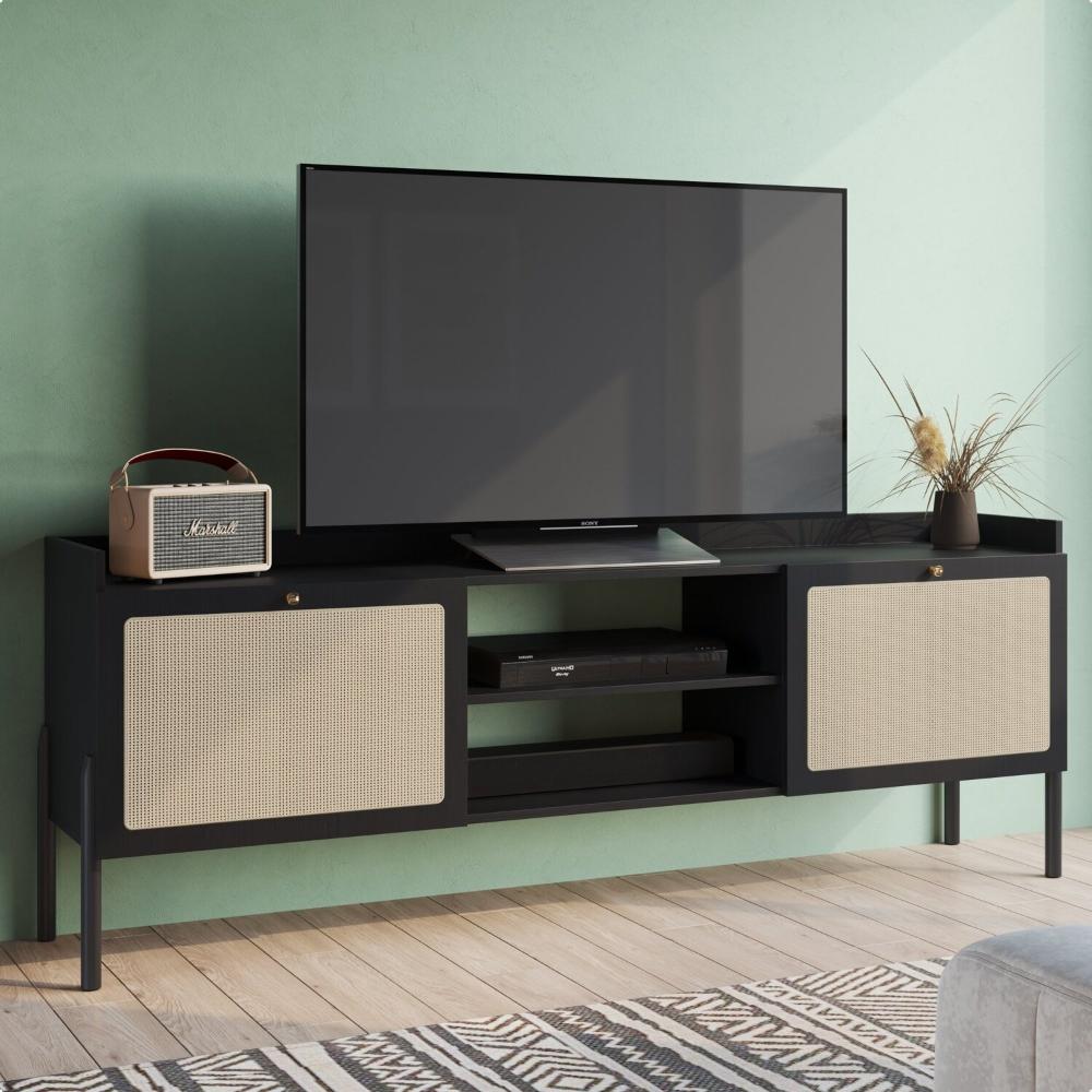 Miniatura Rack para TV até 65 Polegadas 2 Portas 183cm Palhinha Pé Madeira Oslo Nero/Preto