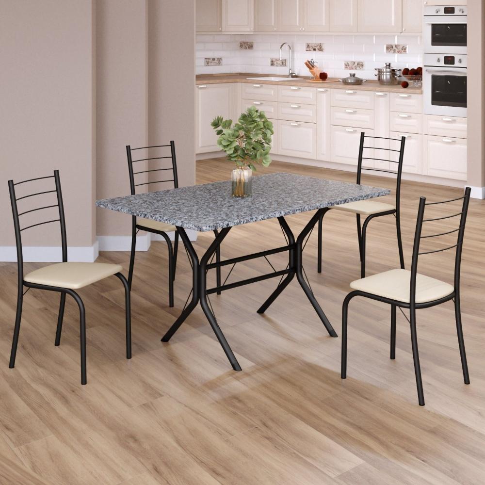Miniatura Conjunto Sala de Jantar Mesa Retangular 100x60cm Tampo Granito Ocre 4 Cadeiras Rio Creme / Preto Fosco