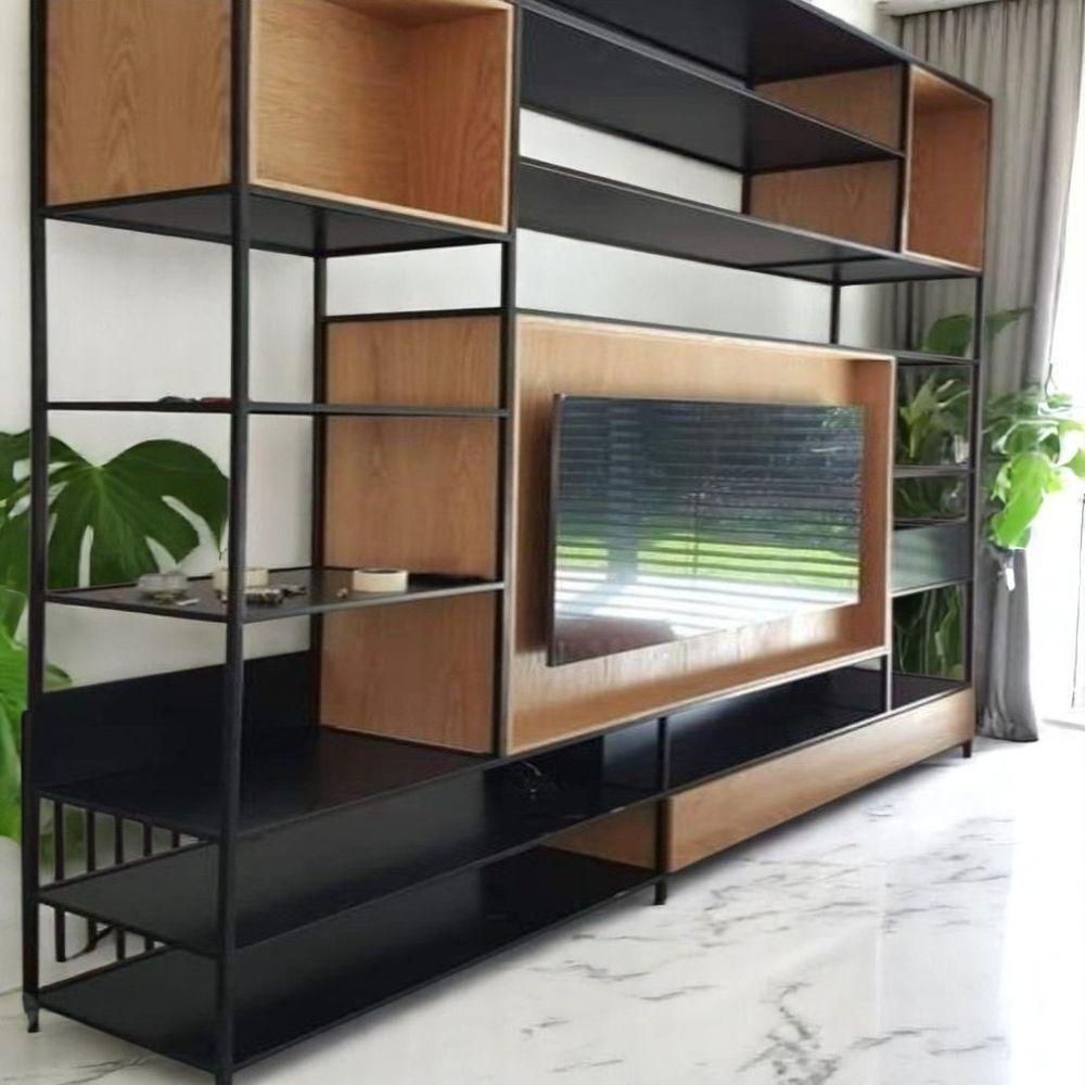 Miniatura Estante 7 Prateleiras Aço Ferro Metal Robusta Cor Preto Mdf Claro Estilo Industrial Es-04