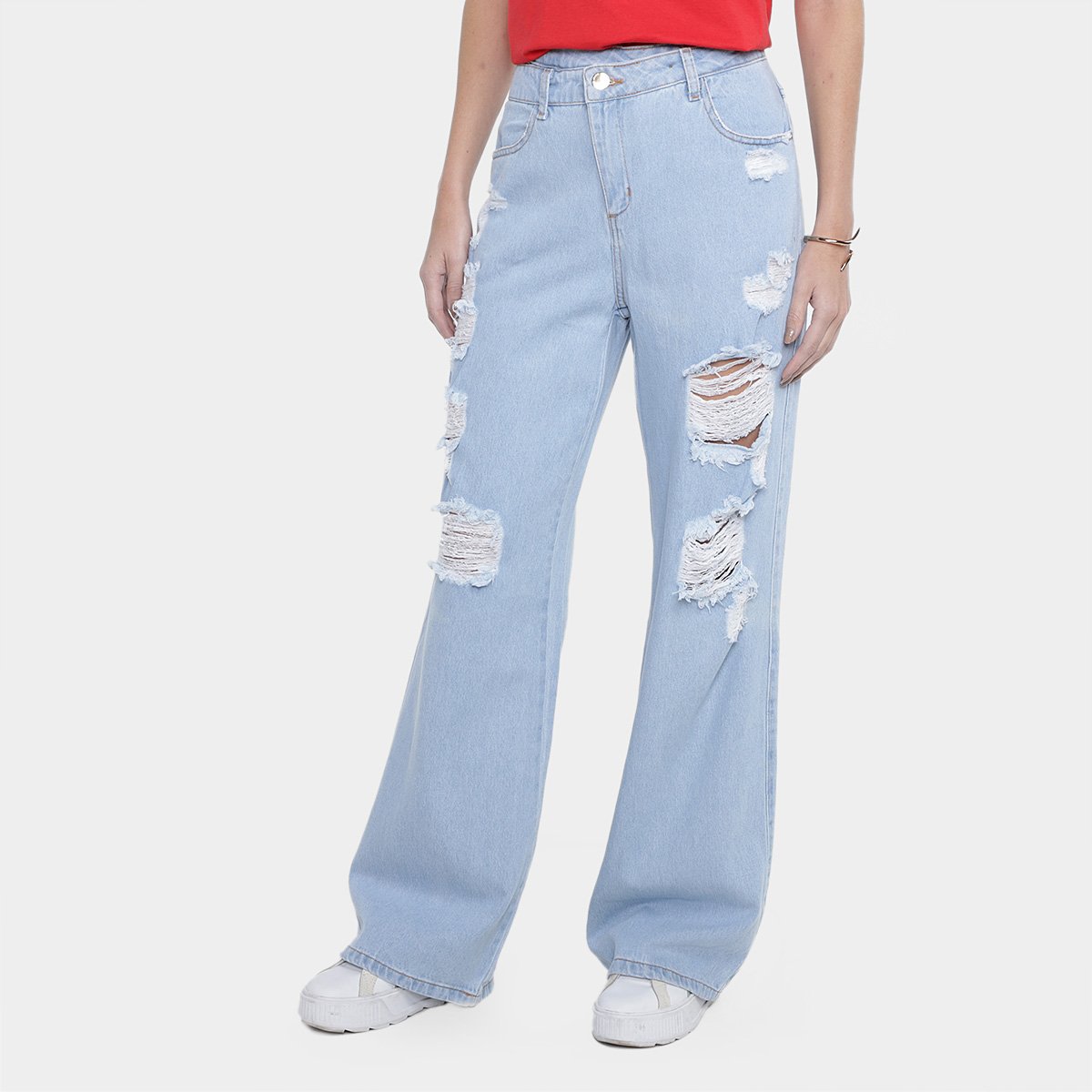 Miniatura Calça Jeans Wide Leg Destroyed Cós Diferenciado Cintura Alta Feminina Azul - 34
