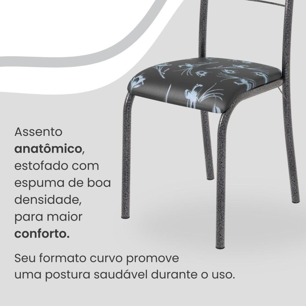 Conjunto Sala de Jantar Mesa Retangular 100x60cm Tampo Pedra Ardósia Indiana 4 Cadeiras Paraty Preto Floral / Mart Prata