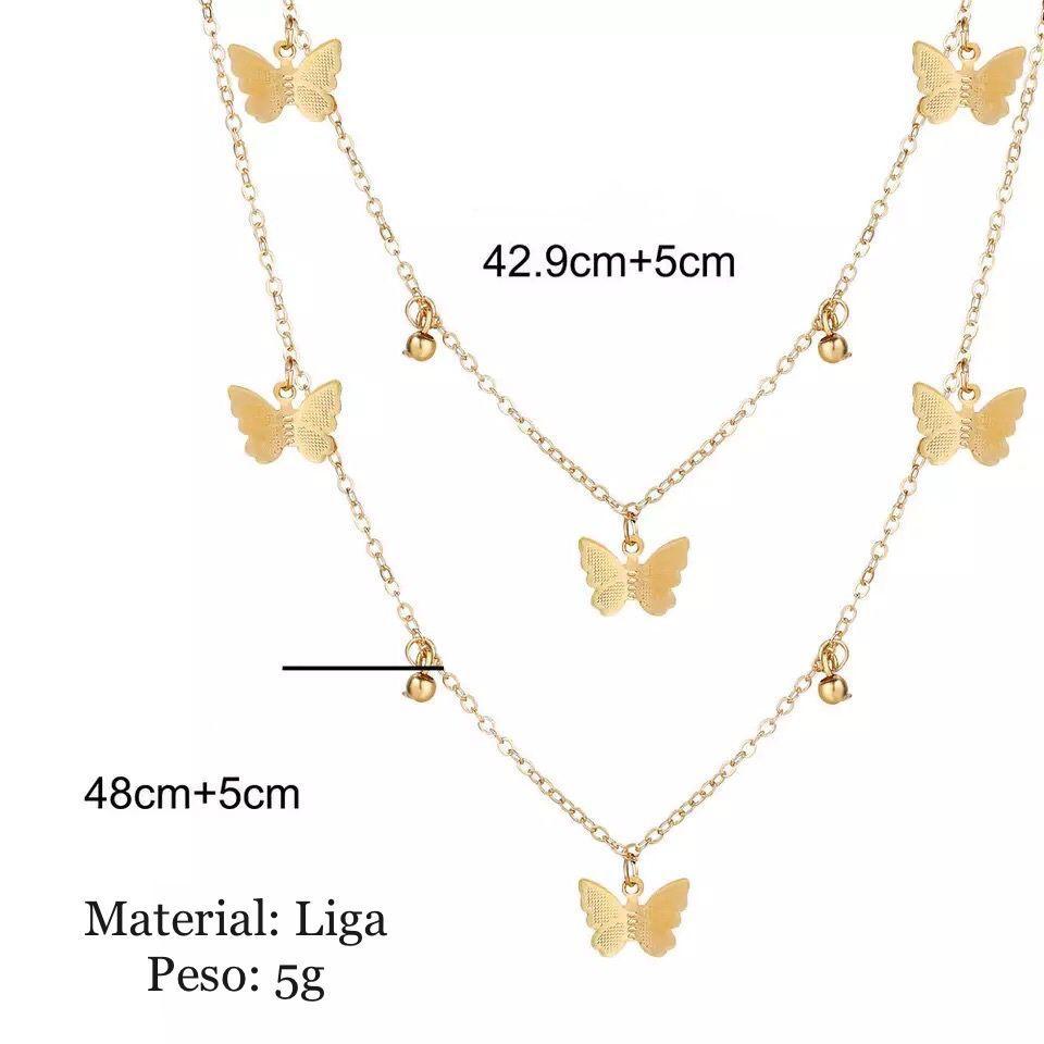 Colar Dourado Duplo Borboletas Delicada Bolinha X4648