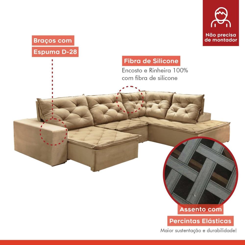 Miniatura Sofá de Canto com Chaise 3 Lugares M136 Martins Estofados Veludo/Bege