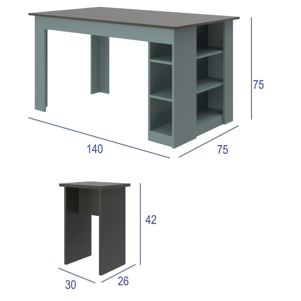Miniatura Mesa 140 Cm com 4 Banquetas e Prateleira Esmeralda Grafite /Cinza