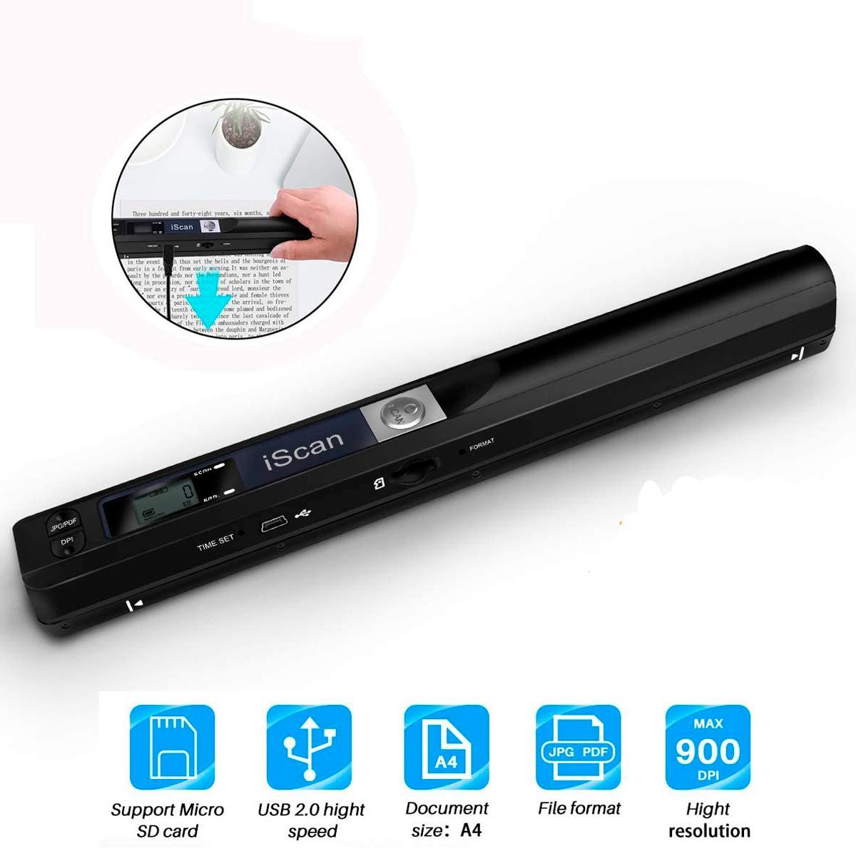Miniatura Scanner Portátil 900dpi - A4 | 32GB | Tela LCD | Pilhas AA
