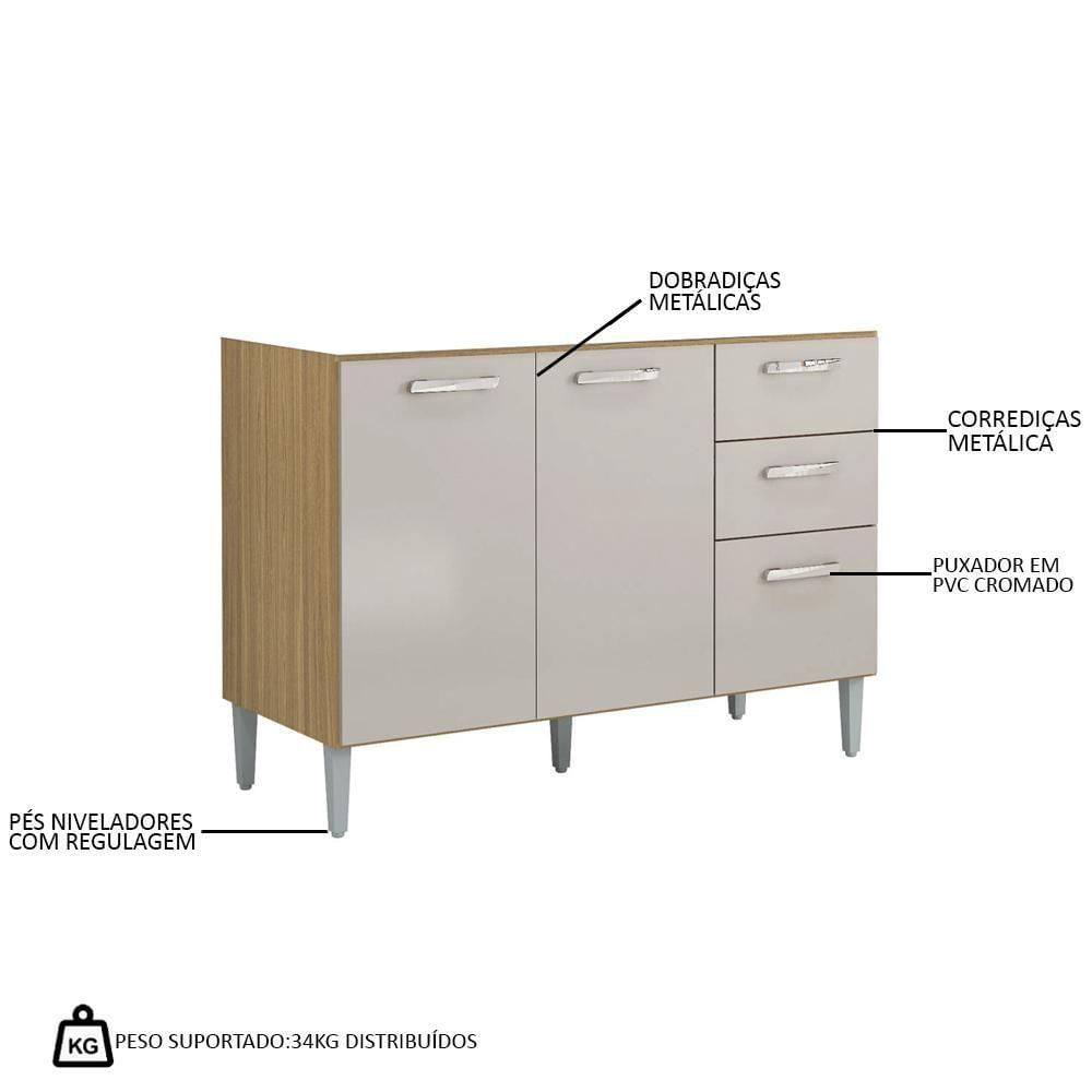 Miniatura Balcão De Cozinha Com Pia Inox 120cm 3 Portas 2 Gavetas Livy P11 Damasco-off White - Mpozenato