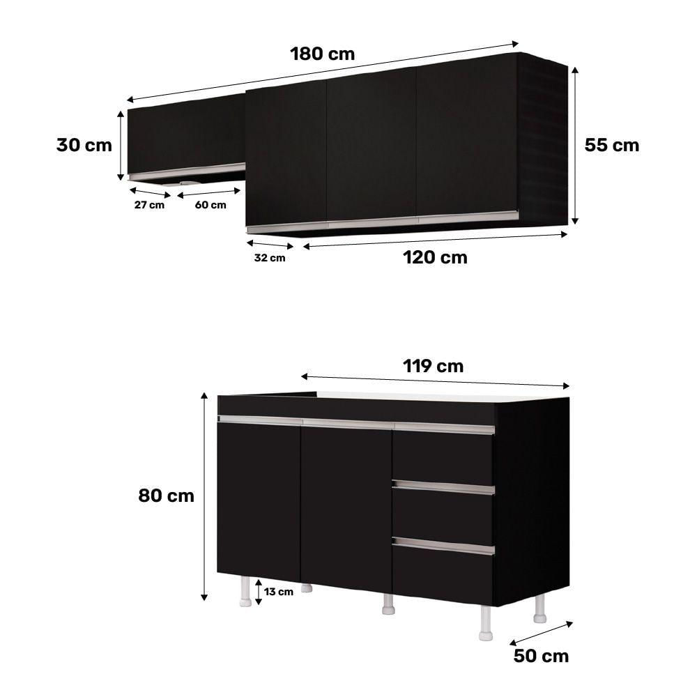 Cozinha Planejada Lux 3 Peças 100%mdf Balcão Gabinete Sem Tampo 119cm 3 Gavetas Preto - Desk Design