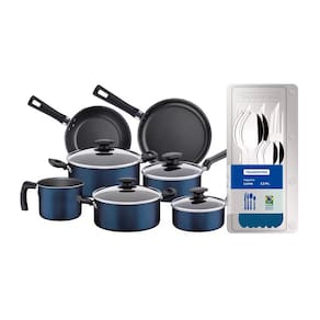 Miniatura Conjunto de Panelas 7 Peças Tramontina Bergamo Antiaderente e Tampas de Vidro - Azul + Faqueiro 12 Peças Leme com Lâminas em Aço Inox - Azul