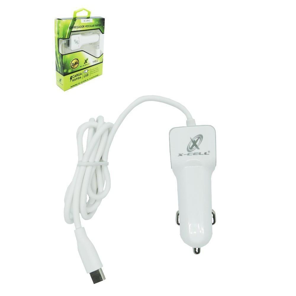 Miniatura Carregador Veicular Rapido Saida Usb 2.8A Cabo Tipo C X-Cell